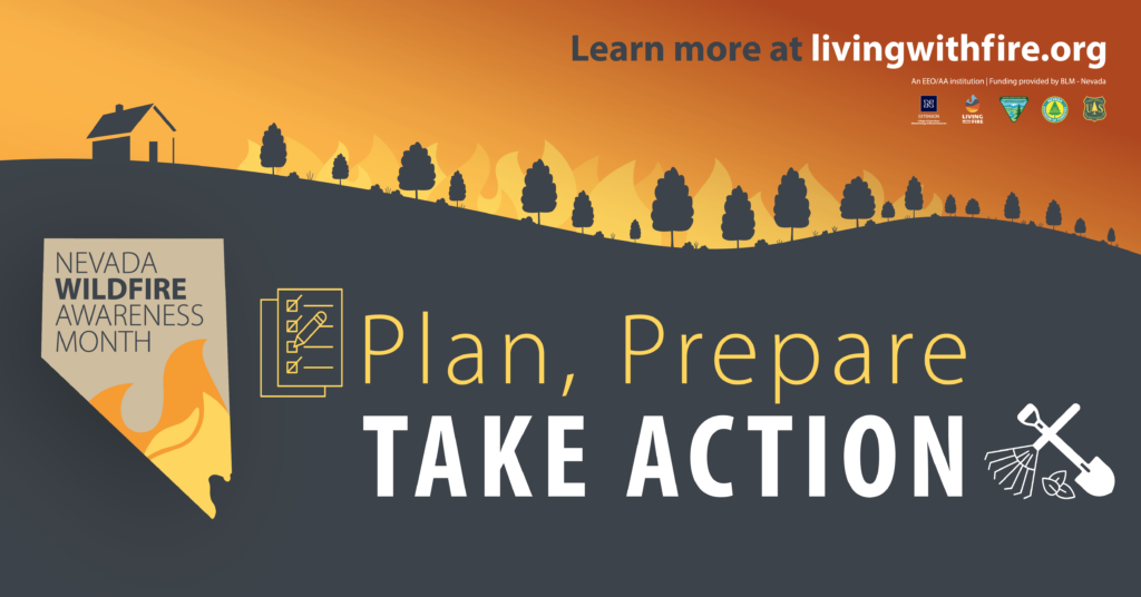 Illustration of fire on a hill in the distance approaching a house with text that reads, "plan, prepare, TAKE ACTION."