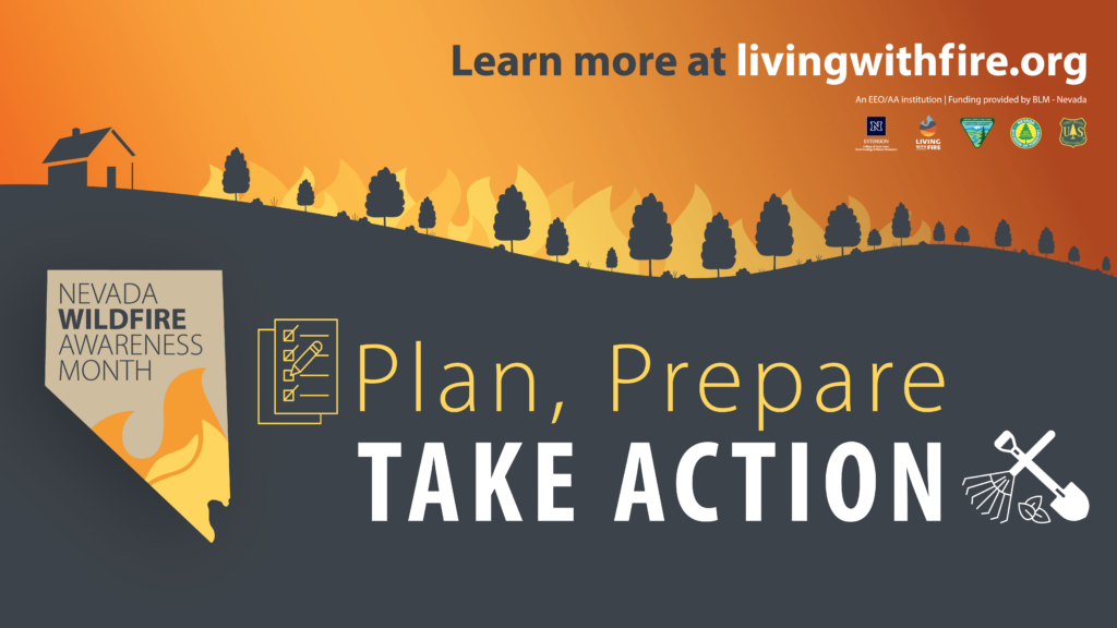 Illustration of fire on a hill in the distance approaching a house with text that reads, "plan, prepare, TAKE ACTION."