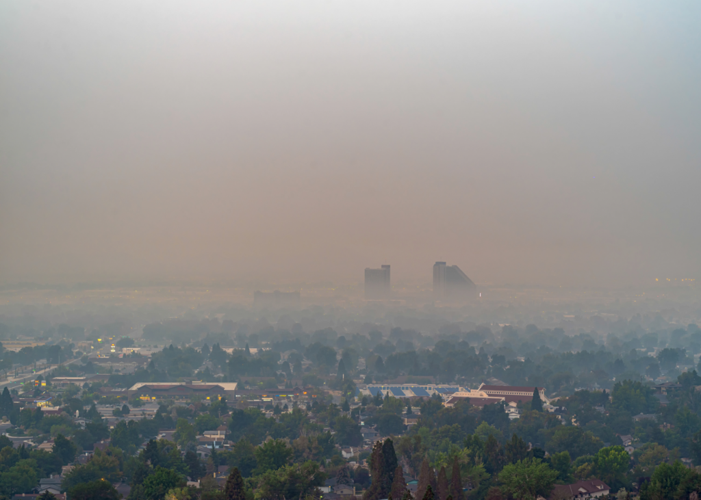 Foto de una ciudad cubierta de humo denso.