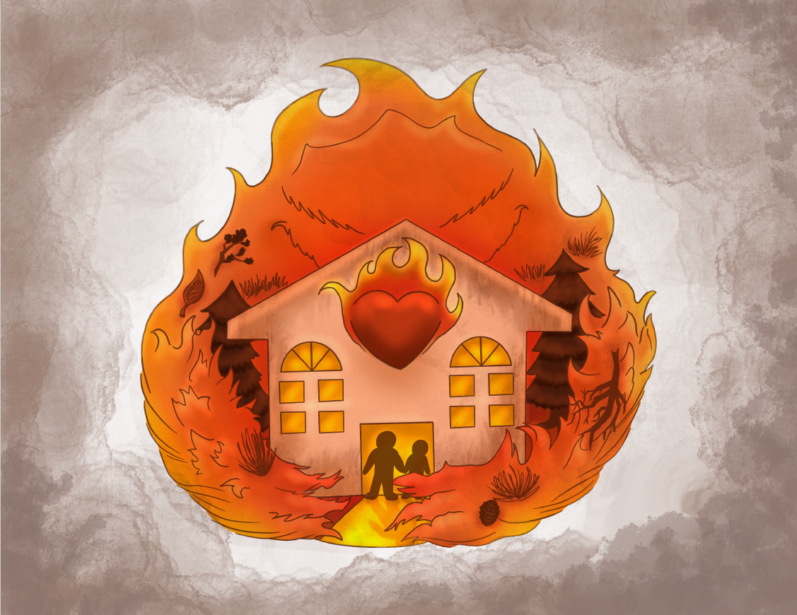 drawing of a home and family being enveloped lovingly by flames