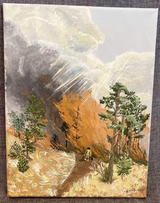 Painting of a firefighter standing on the edge of a forest fire