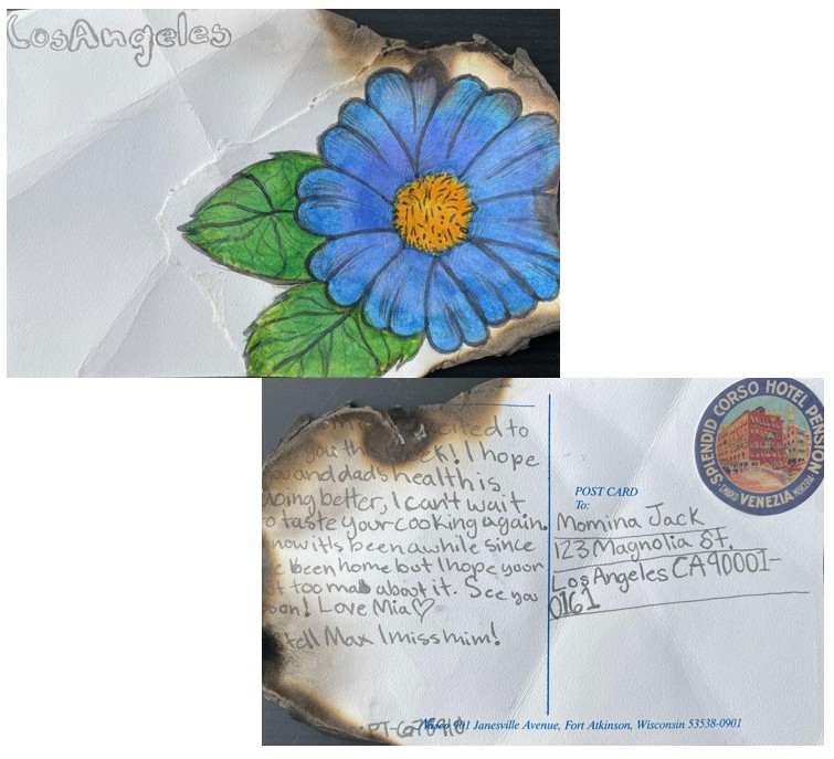 Two photos of the front and back of a burned postcard