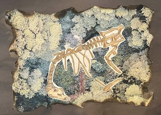 Aerial drawing of a forest with a sekeleton on the forest ground
