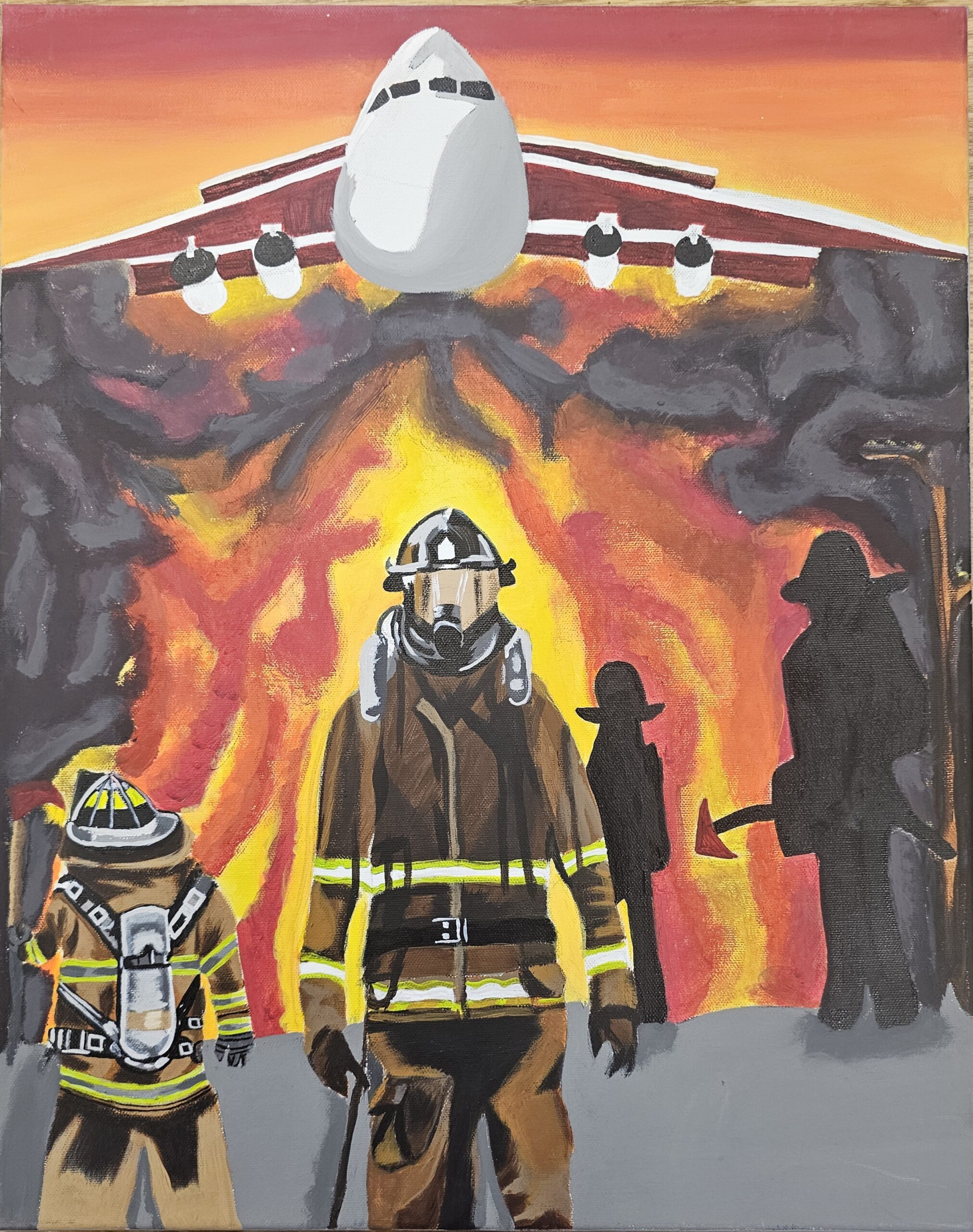 Painting of a firefighter with a plane above them