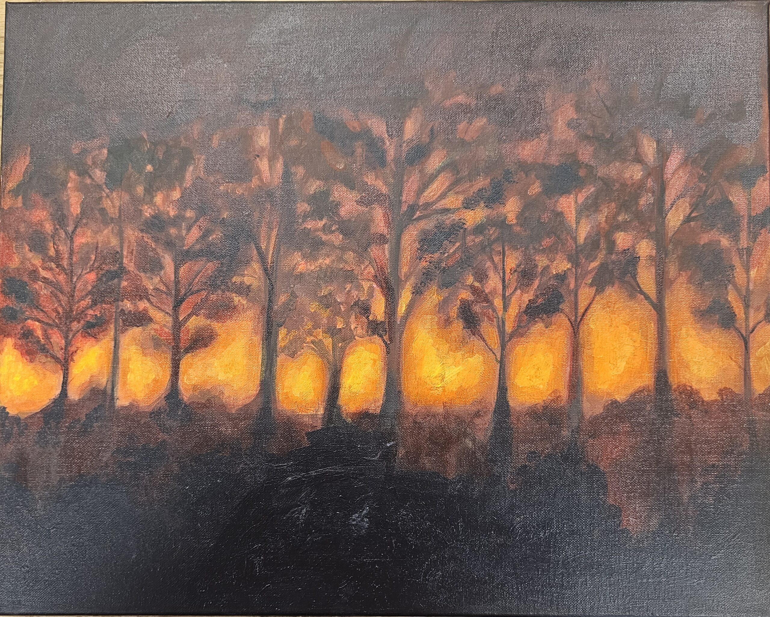 Painting of a forest with an orange glow of fire in the distance