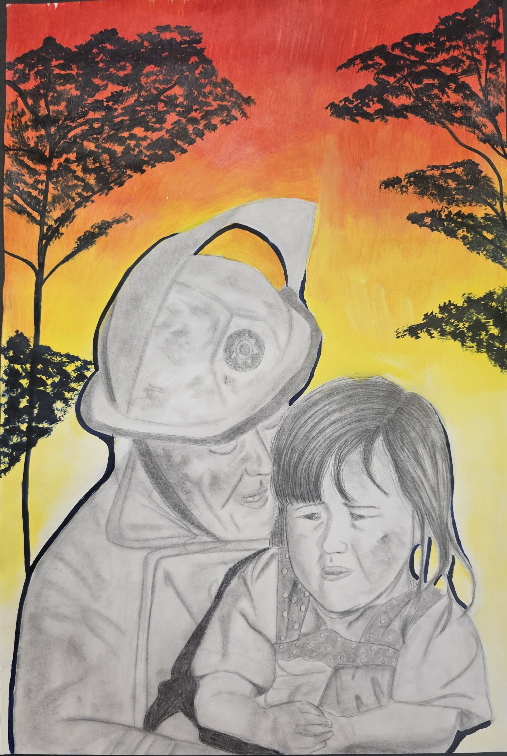 Drawing of a firefighter rescuing a young child with fire in the background