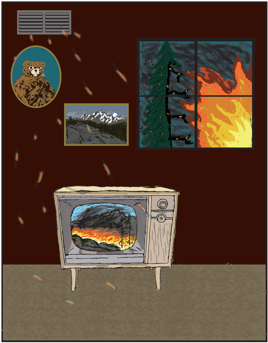 Drawing of the inside of a house with flames visible outside the window