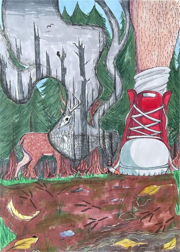 Drawing of a shoe squashing a cigarette in a forest