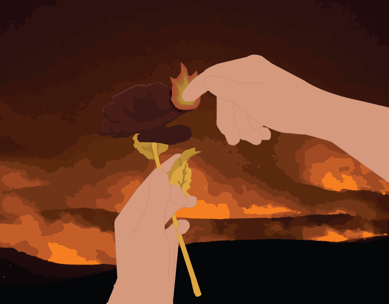 Drawing of hands holding a plant with fire in the background
