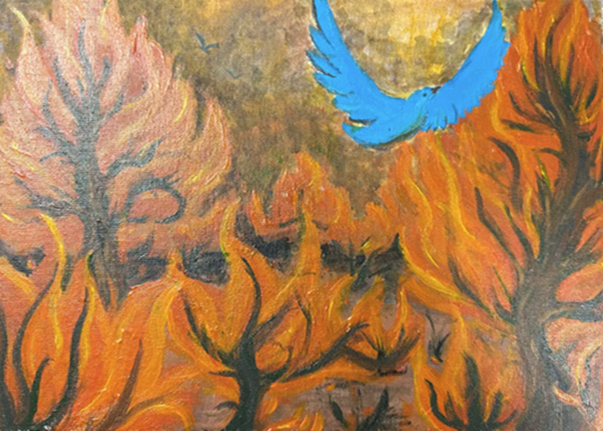 Painting of a blue bird flying above a forest on fire