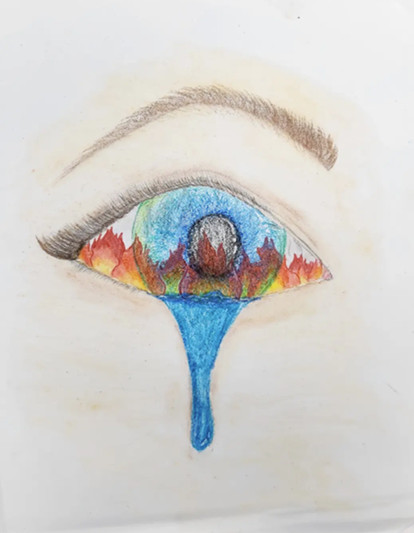 Drawing of an eye with fire reflected in the iris and tears falling