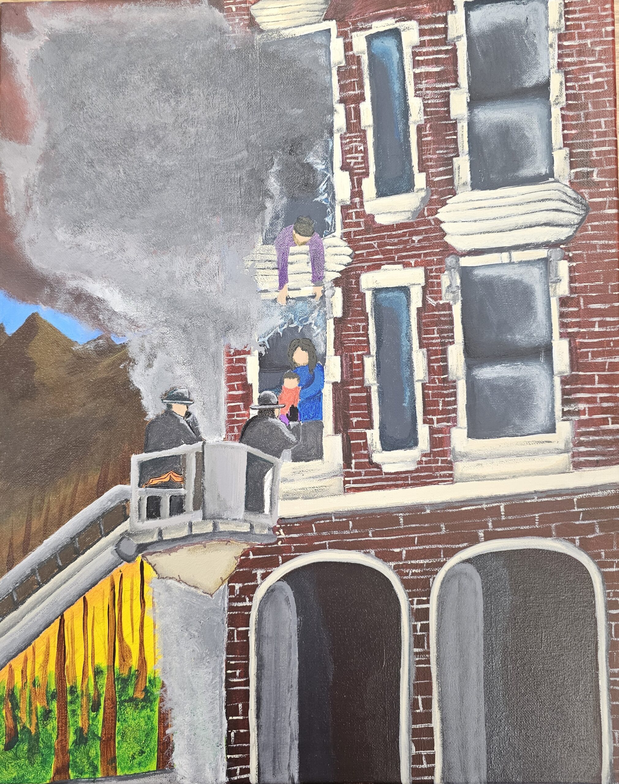 Painting of a home on fire being evacuated