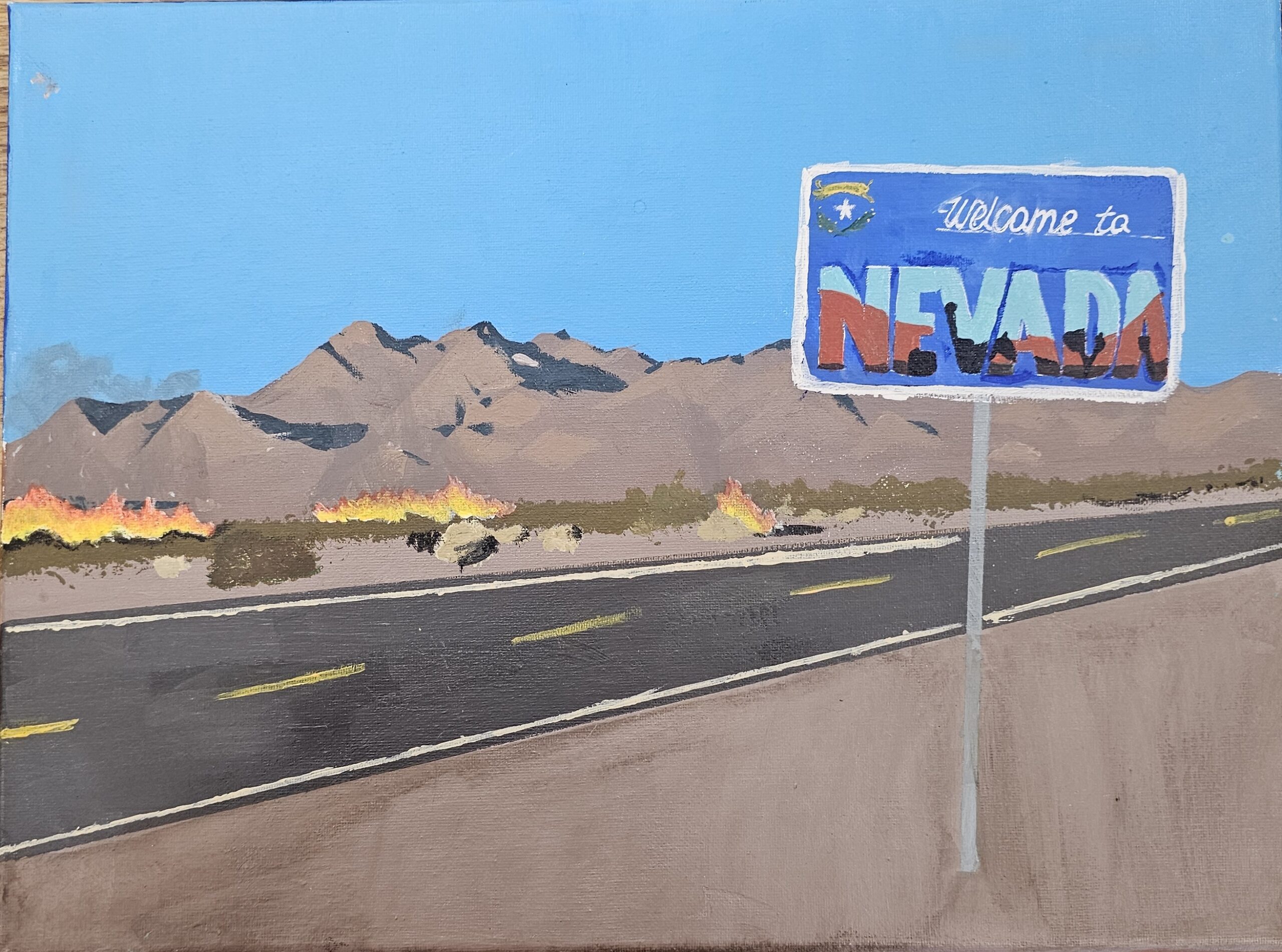 Painting of a Nevada highway with a wildfire burning on the rangeland in the distance