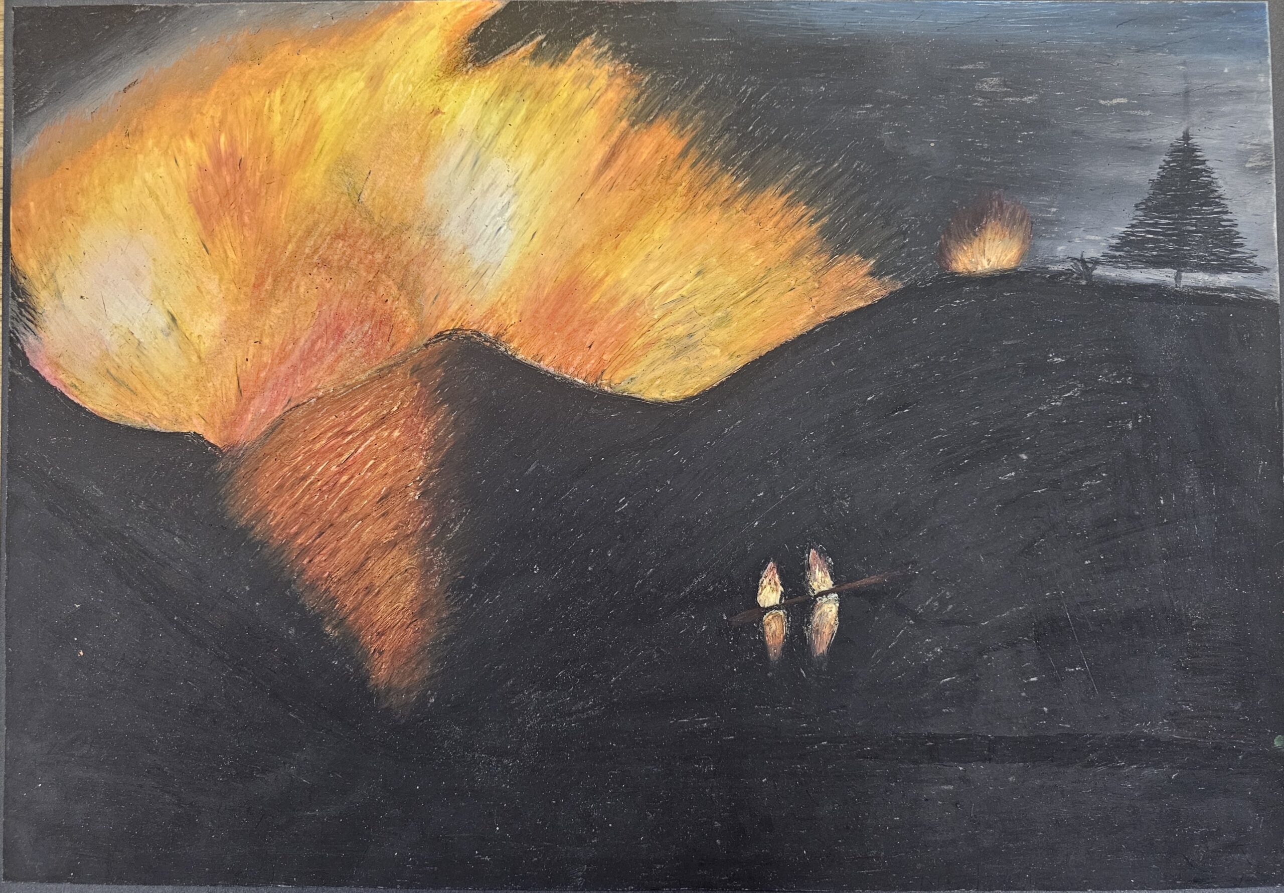 Drawing of a wildfire burning on a hill at night
