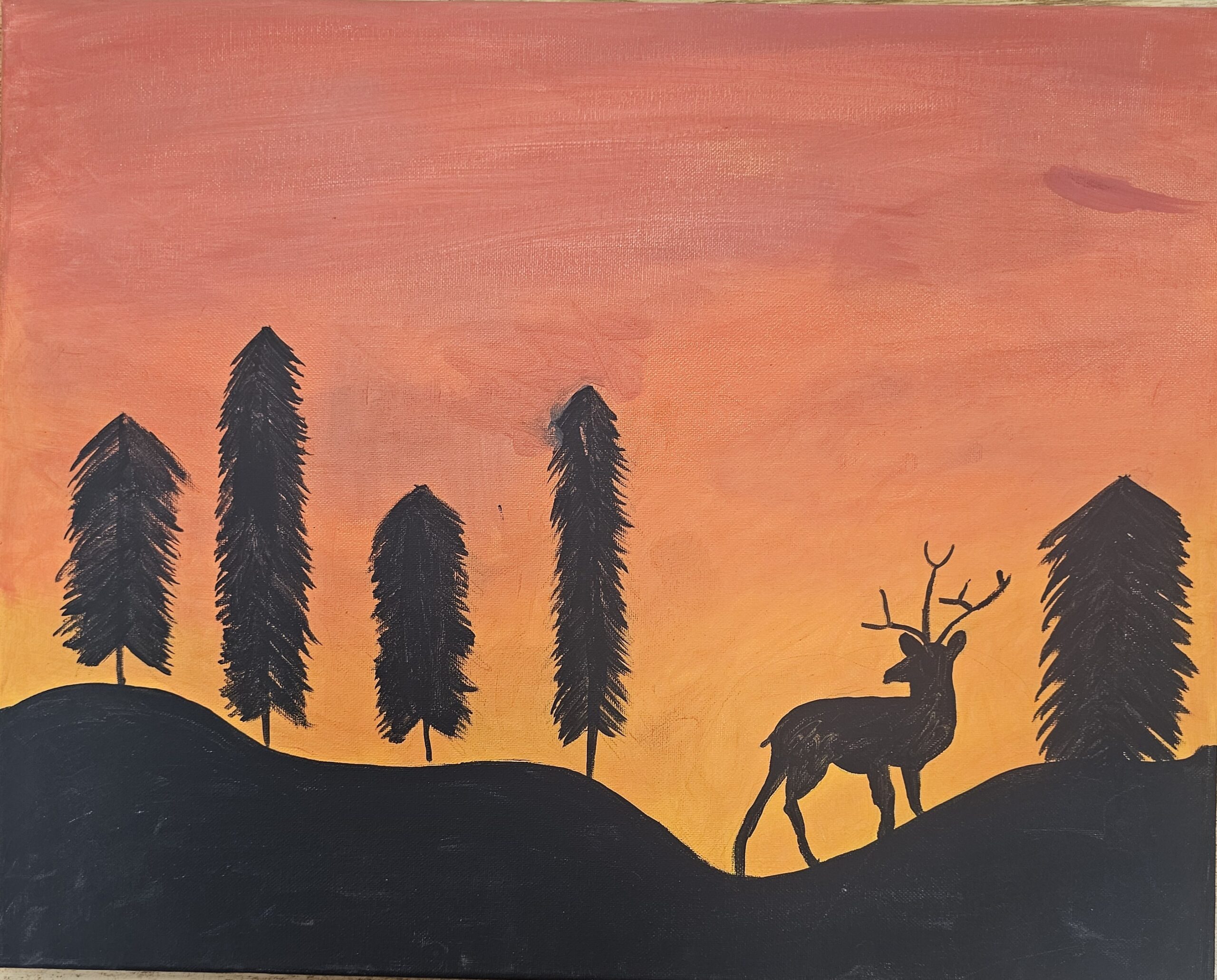 Painting of a deer and trees silhouetted on a hill against an orange sky