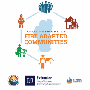 Logos for the Tahoe Network of Fire Adapted Communities, TRCD. UNR Extension and Living With Fire
