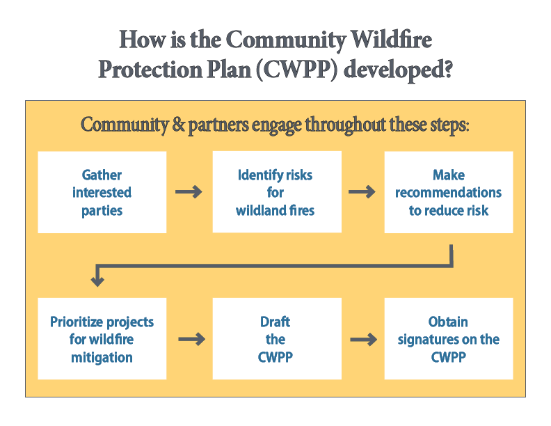 CWPP Development Steps Text at top says "how is the community wildfire protection plan (CWPP) developed? Below is a diagram. Text at top of diagram says "community and partners engage throughout these steps." Box with text that says "gather interested parties" with an arrow to a box that says "identify risks for wildland fires" with a box that says "make recommendations to reduce risk" with an arrow to a box that says "prioritize projects for wildfire mitigation" with an arrow to a box that says "draft the CWPP" with an arrow to a final box that says "obtain signatures on the CWPP"