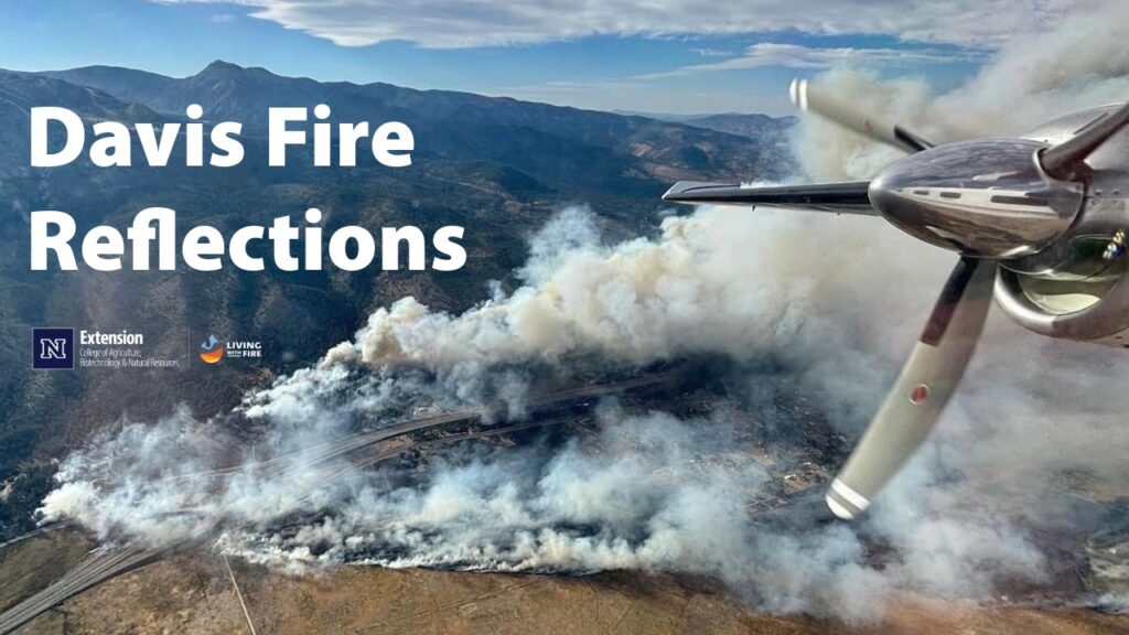 Airplane propellor with smoke clouds coming off a fire below burning along a freeway with everygreen trees on one side and grass and houses on the other. Text Says Davis Fire Reflections. Logos for University of Nevada, Reno Extension and Living With Fire.