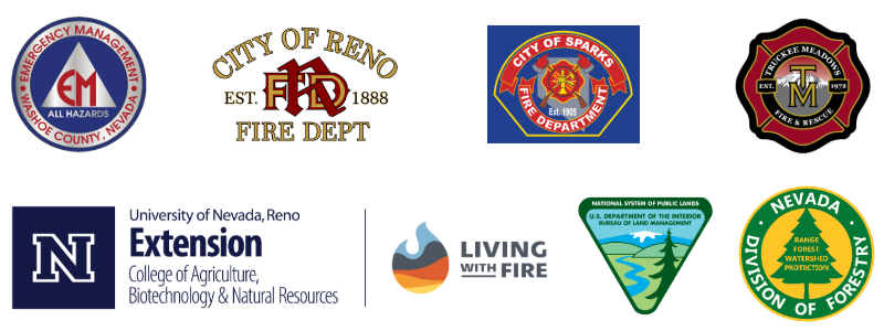 Logos for Washoe County Emergency Management, City of Reno Fire Department, City of Sparks Fire Department, Truck Meadows Fire Protection District, University of Nevada, Reno Extension, Living With Fire, Bureau of Land Management, and Nevada Division of Forestry