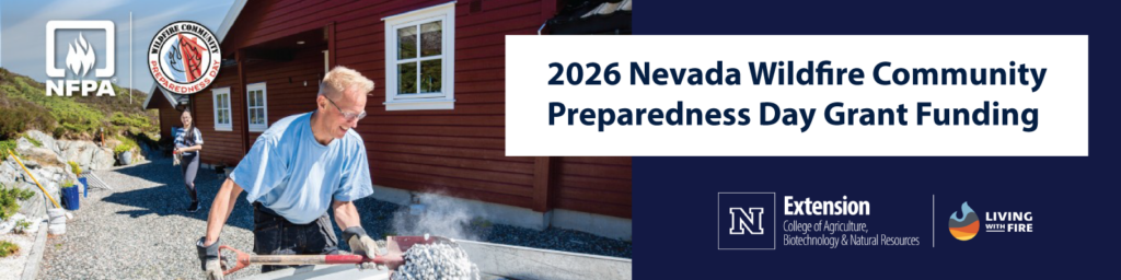 A la derecha hay una foto de un hombre y una mujer trabajando en una casa, con un texto que dice: «Subvención para el Día de la Preparación Comunitaria ante Incendios Forestales de Nevada 2026».