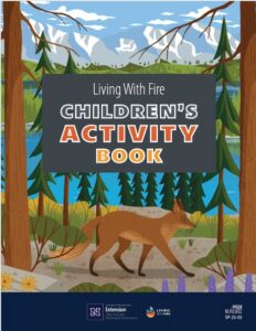 Illustration of fox walking through an evergreen forest with wildflowers in the foreground and a lake with snow covered mountains in the background.